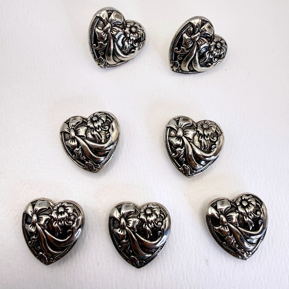 Vintage Heart Floral Bow Earrings and Buttons Cover Set 7pc Silver Tone 80s